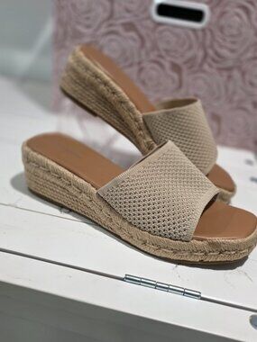 Beige Espadrille Wedge Slides Sandals